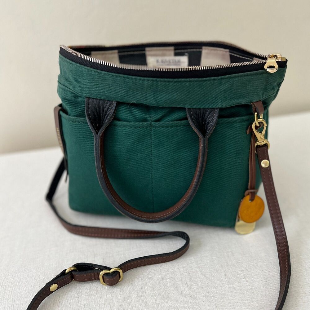 R. Riveter DOT Green Canvas Small Tote Bag Brown Leather Top Handle & Crossbody